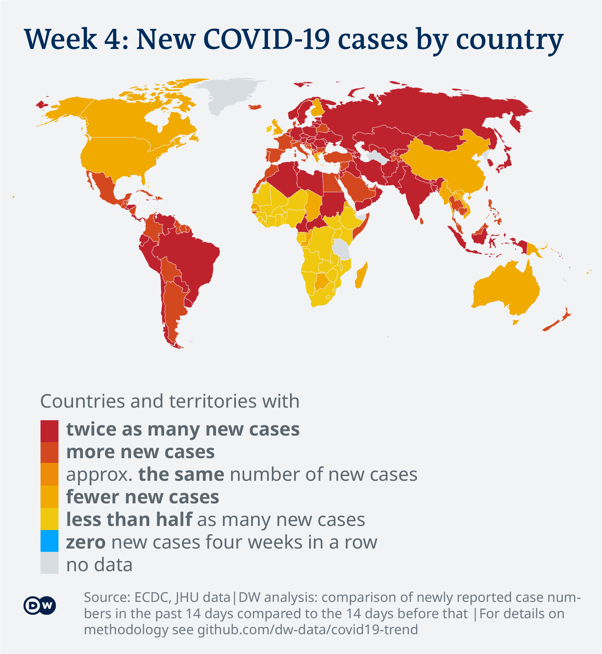 Data visualization: COVID-19 global new case numbers trend - map calendar week 4, 2022