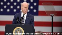 President Joe Biden speaks at Carnegie Mellon University at Mill 19 in Pittsburgh, Friday, Jan. 28, 2022. (John Rucosky/The Tribune-Democrat via AP)