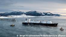 SAKHALIN REGION, RUSSIA - JANUARY 2, 2022: The Dream LNG tanker is pictured by a quay of a liquefied natural gas plant in the village of Prigorodnoye. Sergei Krasnoukhov/TASS