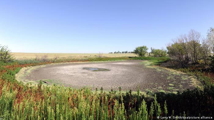 A dried up pond is seen near Winfield, Kansas, 02 August 2011