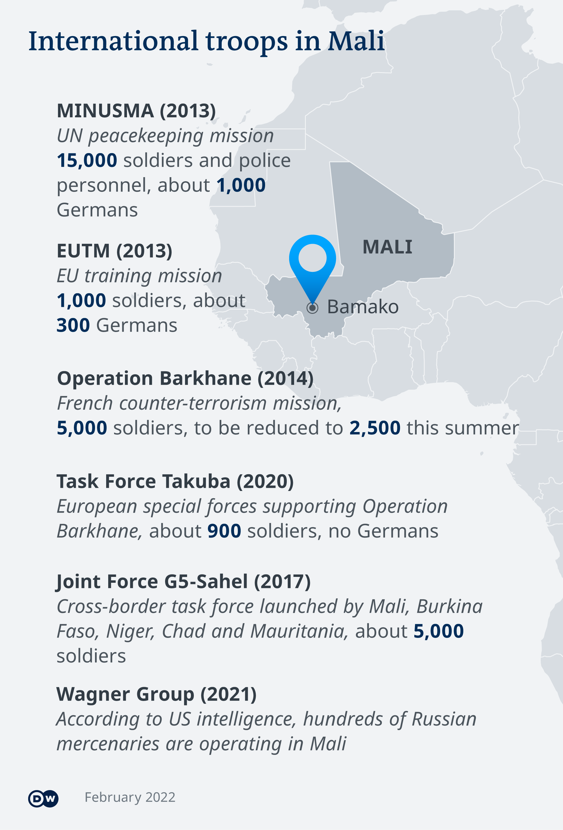 Map of West Africa with Bamako, Mali, highlighted and text with number of troops
