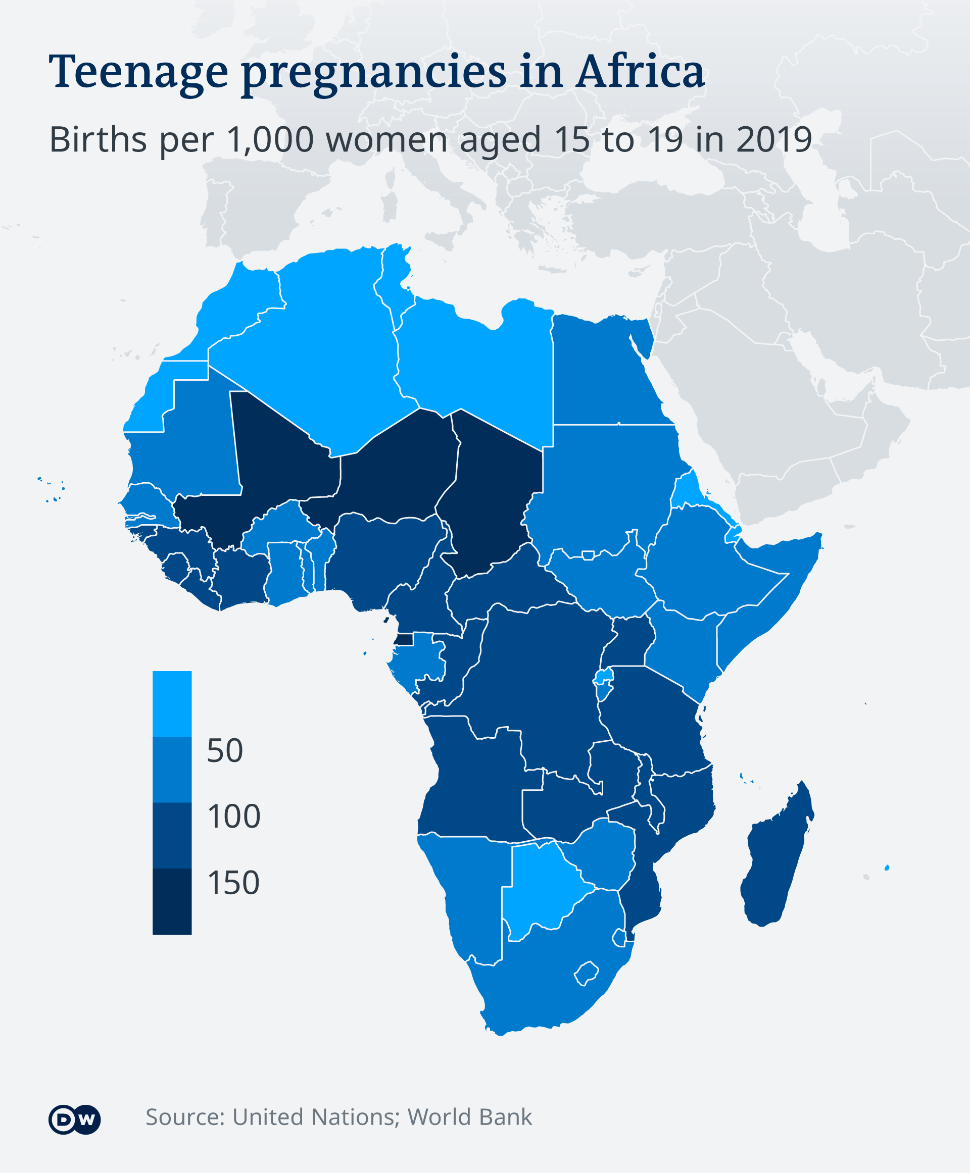 Map: Africa with countries color coded by the numbers of births per thousand 15-19 girls