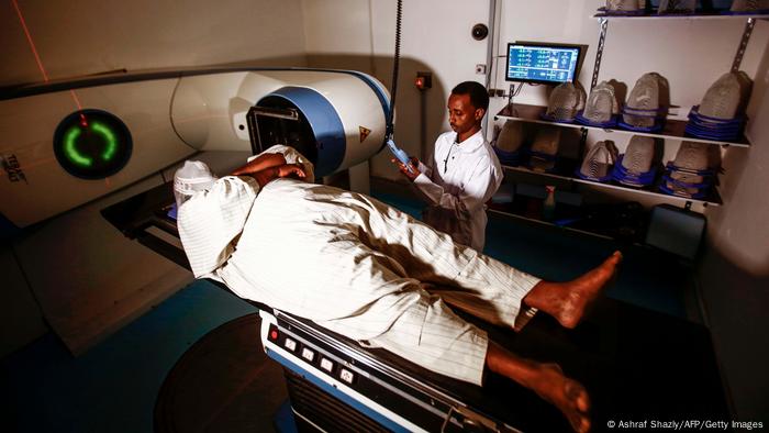 A cancer patient undergoing radiotherapy for cancer treatment.
