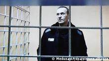 Alexej Nawalny, Oppositionspolitiker aus Russland, ist während einer Gerichtsverhandlung per Video aus einem Gefängnis zugeschaltet. (zu dpa «Putin-Gegner Nawalny ein Jahr in Haft: Der Kampf geht weiter») +++ dpa-Bildfunk +++