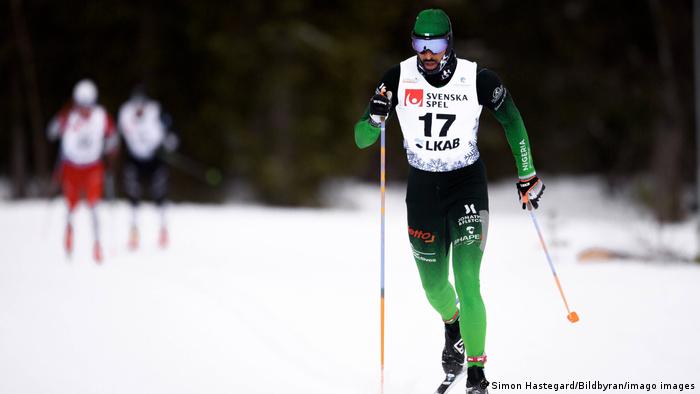 Cross country skier Samuel Ikpefan from Nigeria during a long distance ski event 