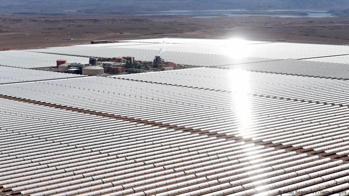 A solar array at a power plant outside the central Moroccan town of Ouarzazate