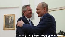MOSCOW, RUSSIA - FEBRUARY 3, 2022: Argentina's President Alberto Fernandez (L) and Russia's President Vladimir Putin hold a meeting at the Moscow Kremlin. Sergei Karpukhin/TASS