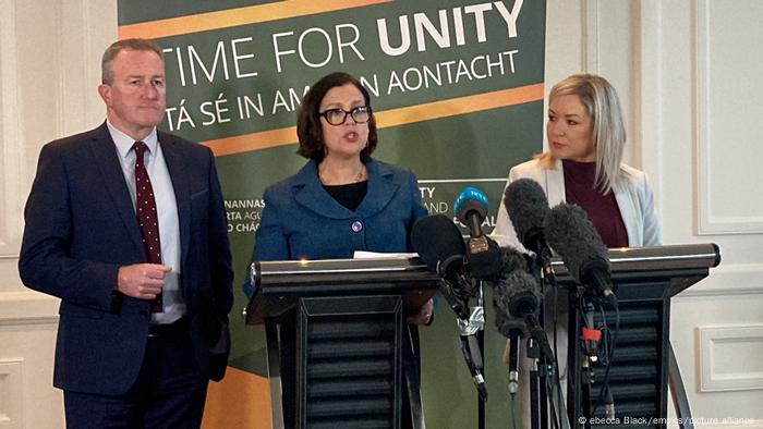 Sinn Fein President, Mary-Lou McDonald, flanked by Finance Minister Conor Murphy (left) and Stormont leader Michelle O'Neill (right), reacts to the resignation of First Minister Paul Givan