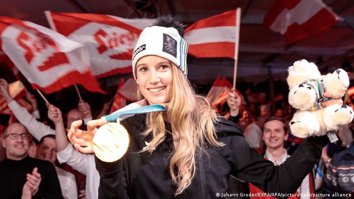 Anna Gasser celebrates winning gold in the 2018 Winter Olympics in PyeongChang, South Korea
