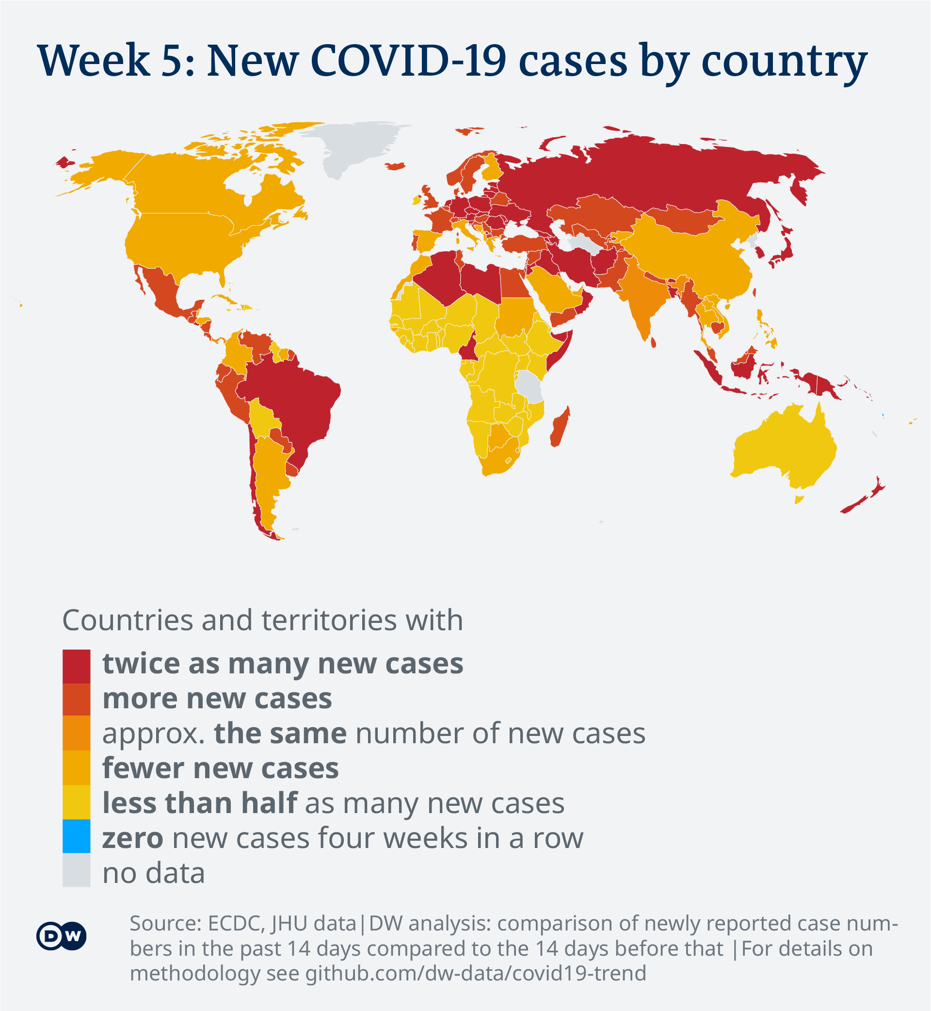 Data visualization: COVID-19 global new case numbers trend — map calendar week 5, 2022