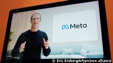 Seen on the screen of a device in Sausalito, Calif., Facebook CEO Mark Zuckerberg announces their new name, Meta, during a virtual event on Thursday, Oct. 28, 2021. Zuckerberg talked up his latest passion -- creating a virtual reality metaverse for business, entertainment and meaningful social interactions. (AP Photo/Eric Risberg)