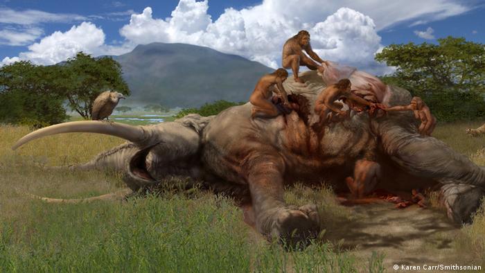 Humanos prehistóricos descuartizando a un elefante.