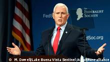 CORRECTS DATELINE TO LAKE BUENA VISTA, NOT ORLANDO - Former Vice President Mike Pence speaks at the Florida chapter of the Federalist Society's annual meeting at Disney's Yacht Club resort in Walt Disney World on Friday, Feb. 4, 2022, in Lake Buena Vista, Fla. Pence, on Friday, directly rebutted Donald Trump's false claims that Pence somehow could have overturned the results of the 2020 election, saying that the former president was simply “wrong.” (Stephen M. Dowell/Lake Buena Vista Sentinel via AP)