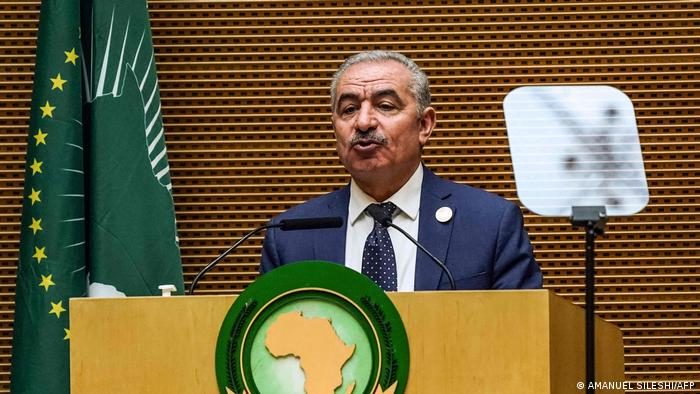 Palestinian prime minister Mohammad Shtayyeh speaks during the 35th Ordinary Session of the African Union (AU) Summit in Addis Ababa