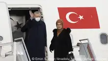 ANKARA, TURKIYE - FEBRUARY 3: Turkish President Recep Tayyip Erdogan and his wife Emine Erdogan are seen ahead of their departure from Esenboga Airport to Ukraine's capital Kiev, in Ankara, Turkiye on February 3, 2022. Emin Sansar / Anadolu Agency