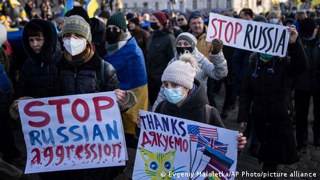 Demonstrators in Kharkiv, Ukraine on Feb. 5 protesting against Russian aggression 