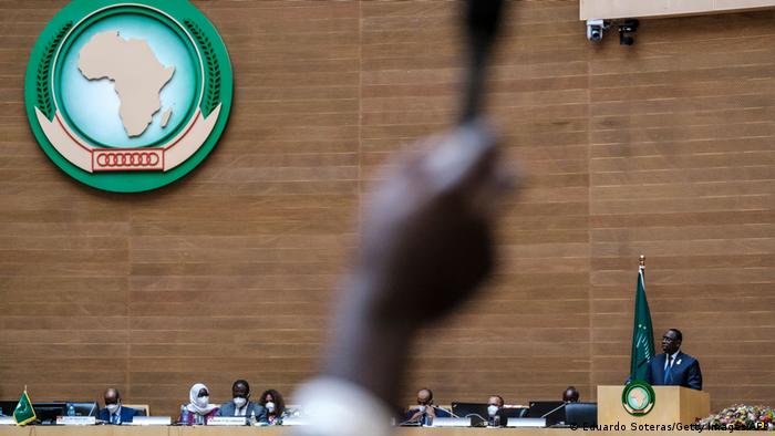 Senegal's President and Chairperson of the African Union, addresses the public during the closing session of the 35th ordinary summit of the organization, in the city of Addis Ababa, Ethiopia, on February 06, 2022.