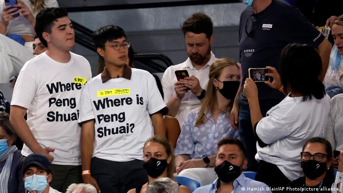 Tennis fans wear 'Where is Peng Shuai' T-shirts at the Australian Open in January