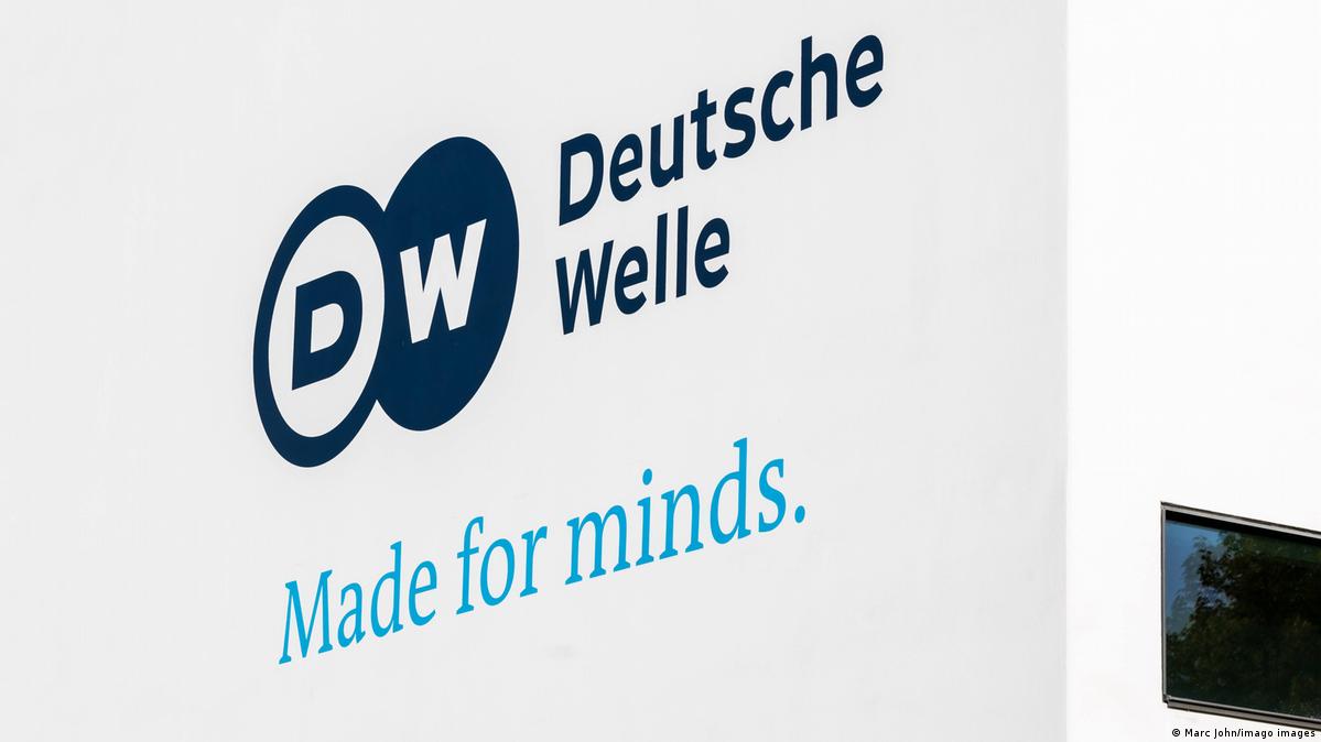 The logo Deutsche Welle made for minds at the radio station DW in the Schürmann building in the Bundesviertel in Bonn.