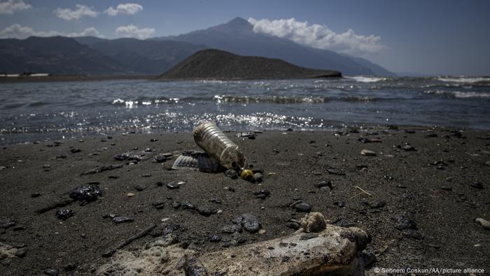 A discarded plastic bottle seen on a beach in Hatay, Turkey.