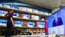 MINSK, BELARUS - AUGUST 4, 2020: President Alexander Lukashenko's address to Belarusian people and National Assembly is broadcast at an electronic store. Natalia Fedosenko/TASS
