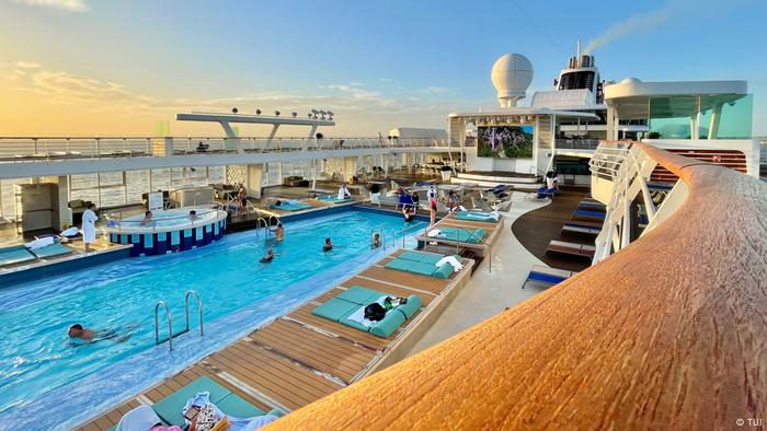 A cruise ship with a pool