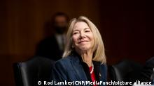 Amy Gutmann appears before a Senate Committee on Foreign Relations hearing for her nomination to be Ambassador to the Federal Republic of Germany, in the Dirksen Senate Office Building in Washington, DC, Tuesday, December 14, 2021. Credit: Rod Lamkey / CNP /MediaPunch
