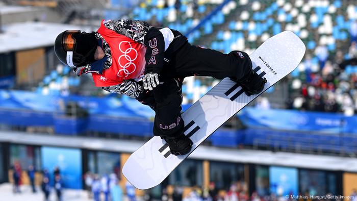 Shaun White performs a trick at the 2022 Beijing Winter Games.