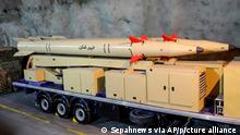 In this photo released Wednesday, Feb. 9, 2022, by Sepahnews of the Iranian Revolutionary Guard, surface-to-surface Khaibar-buster missile is displayed in an undisclosed location in Iran. On Wednesday, Feb. 9, 2022, Iranian state TV unveiled a new missile with solid fuel and a range of 1,450 kilometers, or 900 miles that would allow it to reach both U.S. bases in the region as well as targets inside its archfoe Israel. (Sepahnews via AP)
