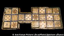 Royal game board , found by Leonard Woolley in the Royal Cemetery at Ur, southern Iraq, about 2600-2400 BC. inlay of shell, red limestone and lapis lazuli