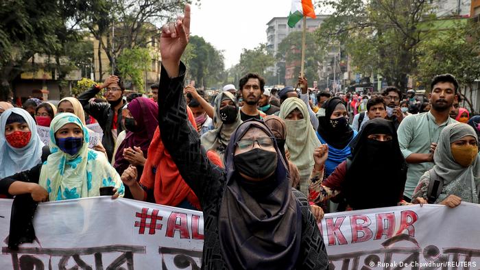 Women students in India are seen protesting for their right to wear the hijab in the classroom.