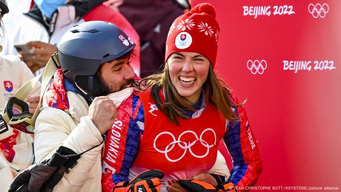 Petra Vlhova celebrates after a surprise win in the slalom at the Winter Olympics