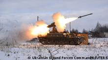 A Strela-10 anti-aircraft missile system of the Ukrainian Armed Forces fires during anti-aircraft military drills in Volyn Region, Ukraine, in this handout picture released January 26, 2022. Press Service of the Ukrainian Ground Forces Command/Handout via REUTERS ATTENTION EDITORS - THIS IMAGE HAS BEEN SUPPLIED BY A THIRD PARTY.