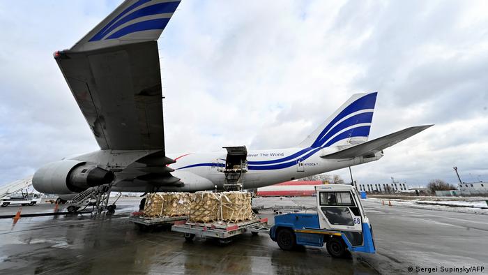 An airplane carrying US military aid being unloaded at Kyiv's Boryspil airport on February 9