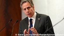 U.S. Secretary of State Antony Blinken speaks during a joint press availability at the Quad meeting of foreign ministers in Melbourne, Australia, February 11, 2022. (Kevin Lamarque/Pool Photo via AP)