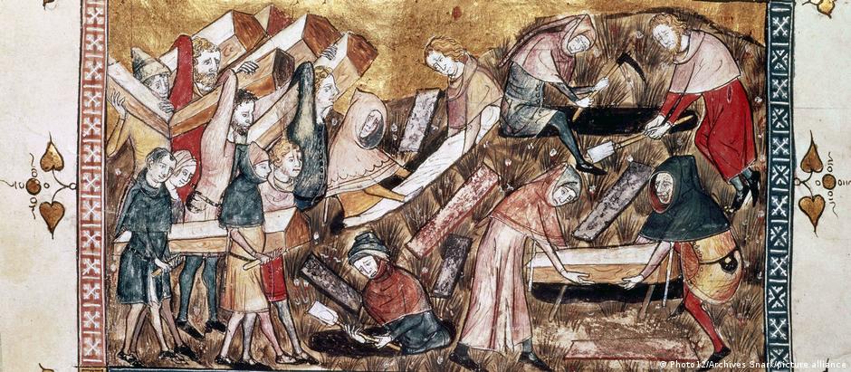 Ilustração de livro medieval mostra europeus velando mortos pela Peste Negra 