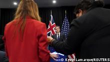 U.S. Secretary of State Antony Blinken takes a question on Ukraine during a joint press availability with Fiji acting Prime Minister Aiyaz Sayed-Khaiyum in Nadi, Fiji, February 12, 2022. REUTERS/Kevin Lamarque/Pool