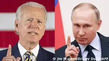 (COMBO) This combination of files pictures created on June 7, 2021 shows then Democratic presidential candidate Joe Biden (L) speaking in Darby, Pennsylvania, on June 17, 2020, and Russian President Vladimir Putin speaking during a meeting with Russian athletes and team members at the Novo-Ogaryovo state residence outside Moscow on January 31, 2018. - A call on February 12, 2022, between President Biden and his Kremlin counterpart Putin on the Russian troops massing next to Ukraine ended after one hour and two minutes, the White House said. President Biden's secure call with Russian President Putin was completed at 12:06 pm (1706 GMT), an official said. The call started at 1604 GMT. (Photo by Jim WATSON and Grigory DUKOR / various sources / AFP)