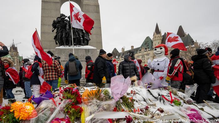 Protesters gathered at the National War Memorial in Ottawa