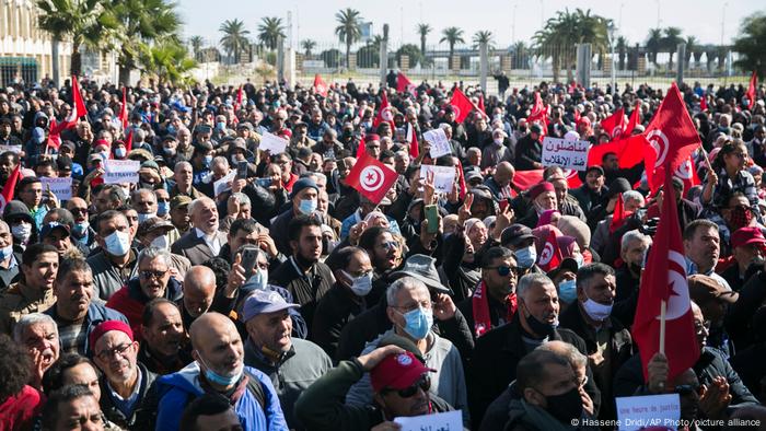 Demonstrators gather during a protest against Tunisian President Kais Saied in Tunis, Tunisia