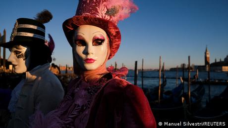 Traditional masks at the Venice Carnival. February 12, 2022