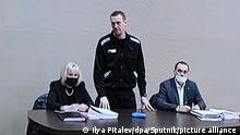 8115259 15.02.2022 Jailed Russian opposition activist Alexey Navalny is pictured at Penal Colony No. 2 during the Lefortovo District Court hearing against him, in Pokrov, Vladimir Region, Russia. Navalny is facing the charges of contempt of court (in connection with his trial for defaming a WWII veteran) and large-scale fraud. Ilya Pitalev / Sputnik