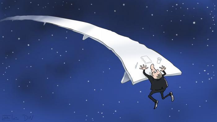 Карикатура Сергея Елкина: Президент РФ Владимир Путин цепляется за улетающий от него в космос длинный переговорный стол, конца которого не видно.