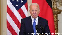 U.S. President Joe Biden participates in a joint press conference with German Chancellor Olaf Scholz not shown in the East Room of the White house on Monday, February 7, 2022 in Washington, D.C. PUBLICATIONxINxGERxSUIxAUTxHUNxONLY WAP2022020720 LeighxVogel 