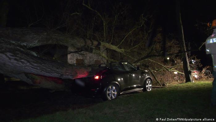 تصویری از یک درخت ریشه‌کن شده که بر یک خودروی پارک‌شده فرود آمده است. در حال حاضر امدادگران در نقاط مختلف آلمان مشغول انجام عملیات کمک‌رسانی هستند.