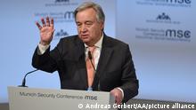 MUNICH, GERMANY - FEBRUARY 16: Secretary-General of the United Nations Antonio Guterres makes a speech at the 54th Munich Security Conference (MSC) at Hotel Bayerischer Hof in Munich, Germany, on February 16, 2018. The annual event brings government representatives and security experts together from across the globe. Andreas Gerbert / Anadolu Agency