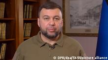DONETSK, UKRAINE - FEBRUARY 18, 2022: Denis Pushilin, head of the Donetsk People's Republic, has announced a mass evacuation of civilians to Russia. Pushlin has said there is an agreement with the leadership of the Russian Federation to accommodate citizens of the republic in the Rostov-on-Don Region, southern Russia. Best quality available. Video screen grab/Press office of DPR Head/TASS