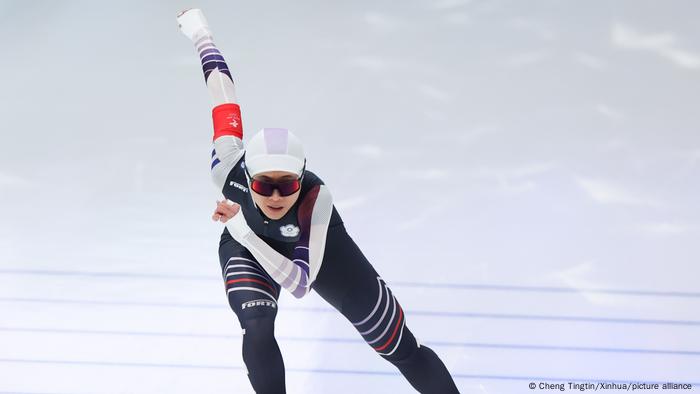 Huang Yu-ting competes during speed skating women's 500m