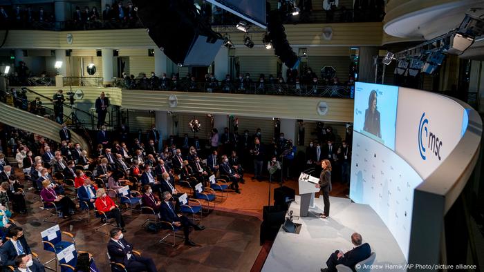 US Vice President Kamala Harris speaks during the Munich Security Conference