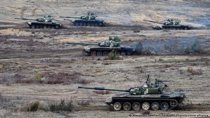 Tanks on the move during joint military exercises involving Russia and Belarus